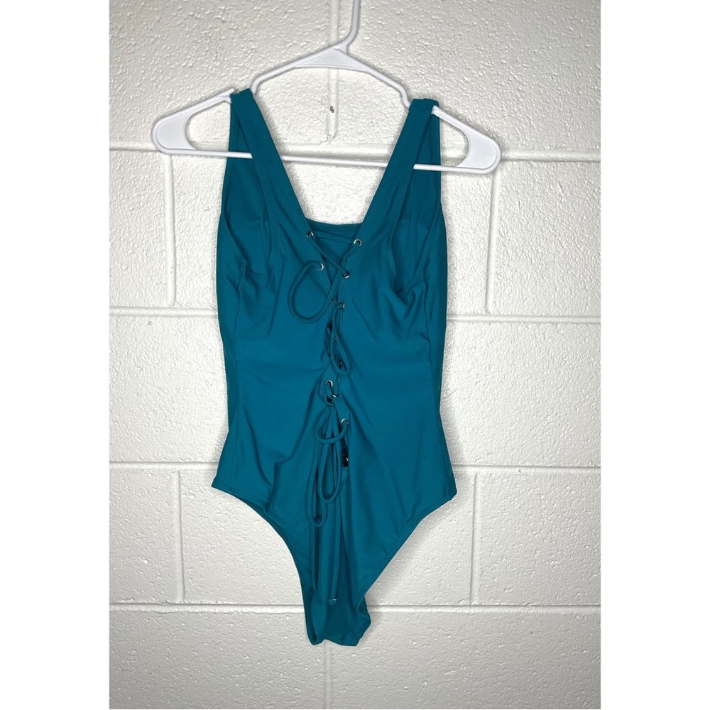 < Bebe Rhinestone Logo Teal One Piece Swimsuit > - Picture 3 of 6